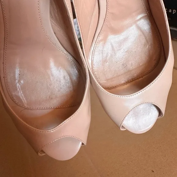 Vintage Patent Leather Peachy Tan Beige Peep Toe Slingback Pinup Pumps Size 9 - Picture 13 of 13